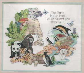The Earth is our Home, Let is Protect & Preserve It Cross Stitch Picture with Animals such as Koala, Elephant, Parrot, Gorilla, Panda, Tiger, Tortoise, Penguin, Polar Bear, Walrus, Puffin, Dolphin, Turtle, Manatee, Tropical Fish & Butterflies